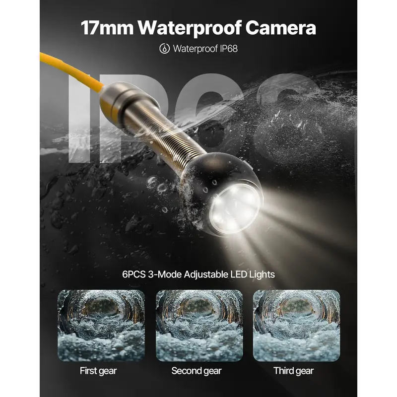 Cámara de inspección de tuberías VEVOR, Summervibes, 65.6 pies, pantalla de 4.3", cámara de inspección de tuberías con función DVR y cable flexible, endoscopio impermeable IP68 con luces LED, endoscopio industrial para tuberías de desagüe de conductos de 