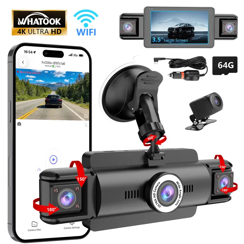 Cámara de salpicadero para coche WHATOOK de 4 canales y 360° con resolución 4K Ultra HD (grabadora de vídeo para automóviles, grabadora de conducción HD) con lentes frontal, trasera e interior, pantalla de 3,5", control por WiFi y aplicación, sensor G, co