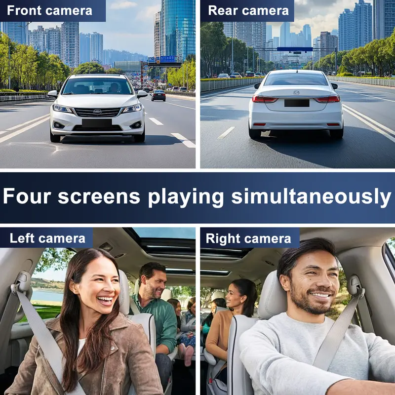 Cámara de salpicadero para coche WHATOOK de 4 canales y 360° con resolución 4K Ultra HD (grabadora de vídeo para automóviles, grabadora de conducción HD) con lentes frontal, trasera e interior, pantalla de 3,5", control por WiFi y aplicación, sensor G, co