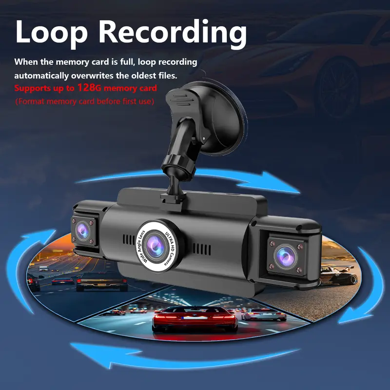 Cámara de salpicadero para coche WHATOOK de 4 canales y 360° con resolución 4K Ultra HD (grabadora de vídeo para automóviles, grabadora de conducción HD) con lentes frontal, trasera e interior, pantalla de 3,5", control por WiFi y aplicación, sensor G, co