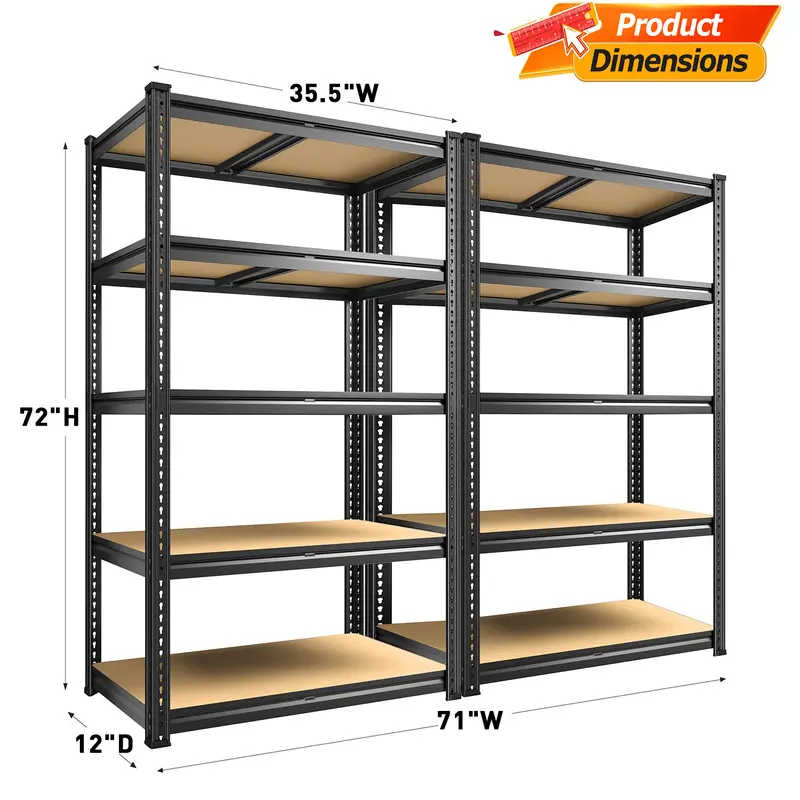 Raybee 2-Pack 5-Tier Heavyduty Garage Shelving Units Metal Shelves Storage Height Adjustable Utility Racks for Warehouse Organizing Pantry Kitchen Basement Shelf Organizer 35.5"Wide 12" Deep 60" High Twin Size 71" Wide 