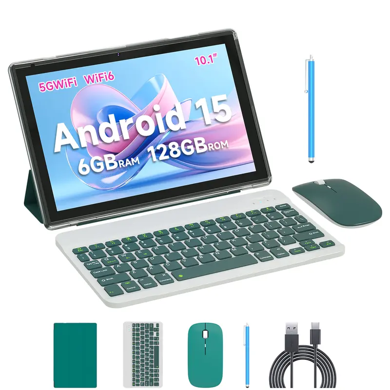 Tableta PEICHENG Android 15.0 de 10.1" IPS, 6 GB de RAM nativa (ampliable a 20 GB), 128 GB de ROM + 1 TB ampliable, procesador Octa-Core de 2.0 GHz, WiFi 6, 5G y Bluetooth 5.0 con teclado, ratón y lápiz óptico incluidos. Tabletas en oferta. Paquete de tab
