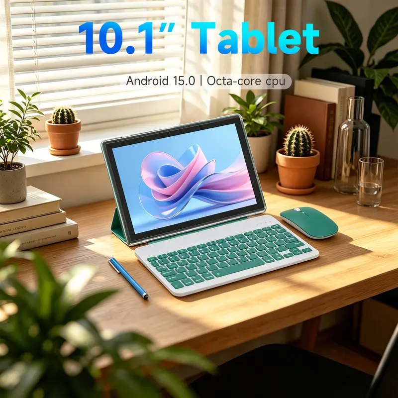 Tableta PEICHENG Android 15.0 de 10.1" IPS, 6 GB de RAM nativa (ampliable a 20 GB), 128 GB de ROM + 1 TB ampliable, procesador Octa-Core de 2.0 GHz, WiFi 6, 5G y Bluetooth 5.0 con teclado, ratón y lápiz óptico incluidos. Tabletas en oferta. Paquete de tab