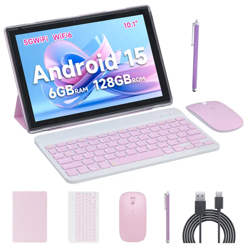 Tableta PEICHENG Android 15.0 de 10.1" IPS, 6 GB de RAM nativa (ampliable a 20 GB), 128 GB de ROM + 1 TB ampliable, procesador Octa-Core de 2.0 GHz, WiFi 6, 5G y Bluetooth 5.0 con teclado, ratón y lápiz óptico incluidos. Tabletas en oferta. Paquete de tab