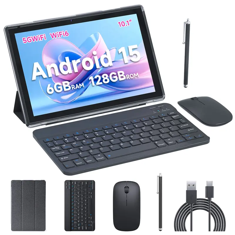 Tableta PEICHENG Android 15.0 de 10.1" IPS, 6 GB de RAM nativa (ampliable a 20 GB), 128 GB de ROM + 1 TB ampliable, procesador Octa-Core de 2.0 GHz, WiFi 6, 5G y Bluetooth 5.0 con teclado, ratón y lápiz óptico incluidos. Tabletas en oferta. Paquete de tab