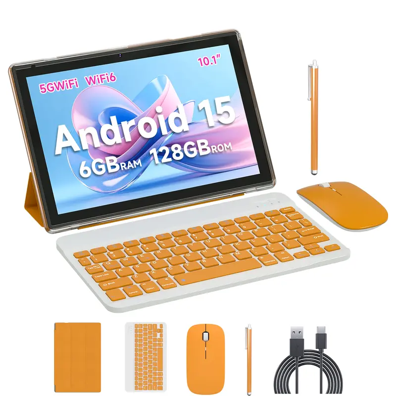 Tableta PEICHENG Android 15.0 de 10.1" IPS, 6 GB de RAM nativa (ampliable a 20 GB), 128 GB de ROM + 1 TB ampliable, procesador Octa-Core de 2.0 GHz, WiFi 6, 5G y Bluetooth 5.0 con teclado, ratón y lápiz óptico incluidos. Tabletas en oferta. Paquete de tab