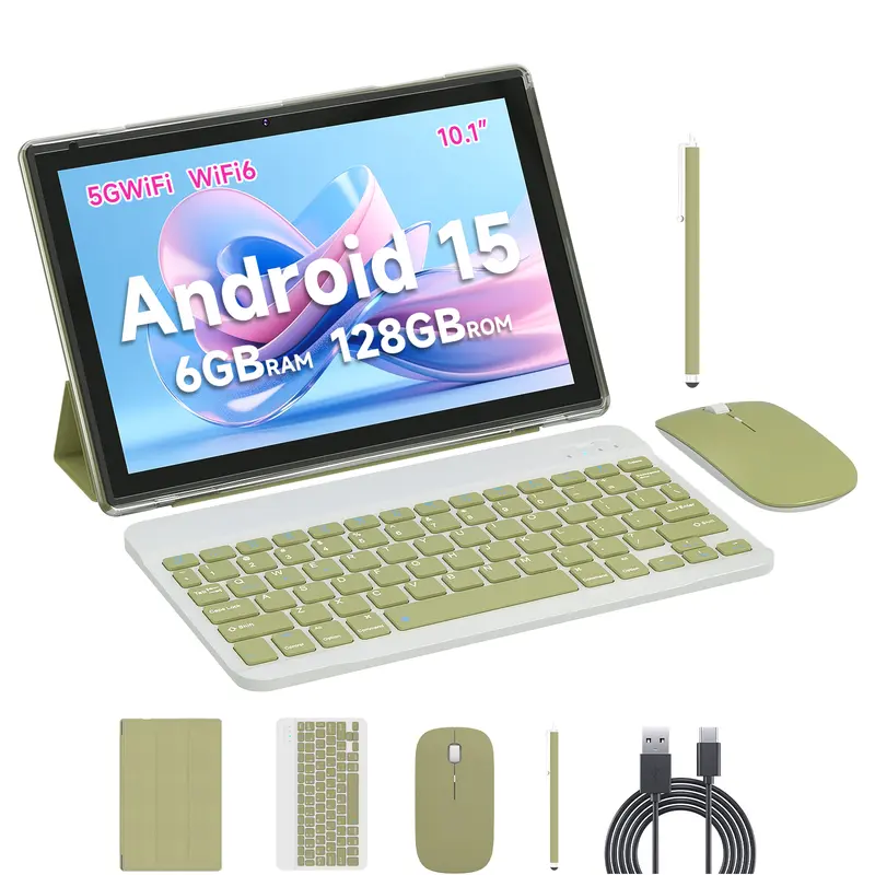 Tableta PEICHENG Android 15.0 de 10.1" IPS, 6 GB de RAM nativa (ampliable a 20 GB), 128 GB de ROM + 1 TB ampliable, procesador Octa-Core de 2.0 GHz, WiFi 6, 5G y Bluetooth 5.0 con teclado, ratón y lápiz óptico incluidos. Tabletas en oferta. Paquete de tab