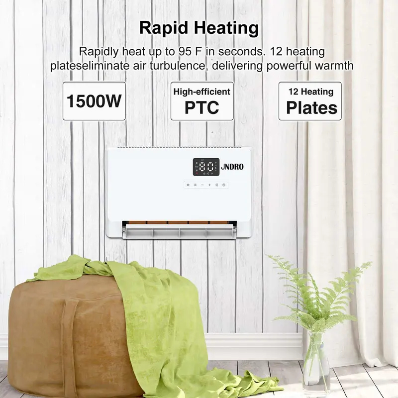 Calefactor de pared inteligente, calefactor eléctrico de calentamiento rápido de 1500 W para uso en interiores, calefactor de panel montado en la pared con modos de oscilación, temporizador de 24 horas con protección contra sobrecalentamiento para dormito