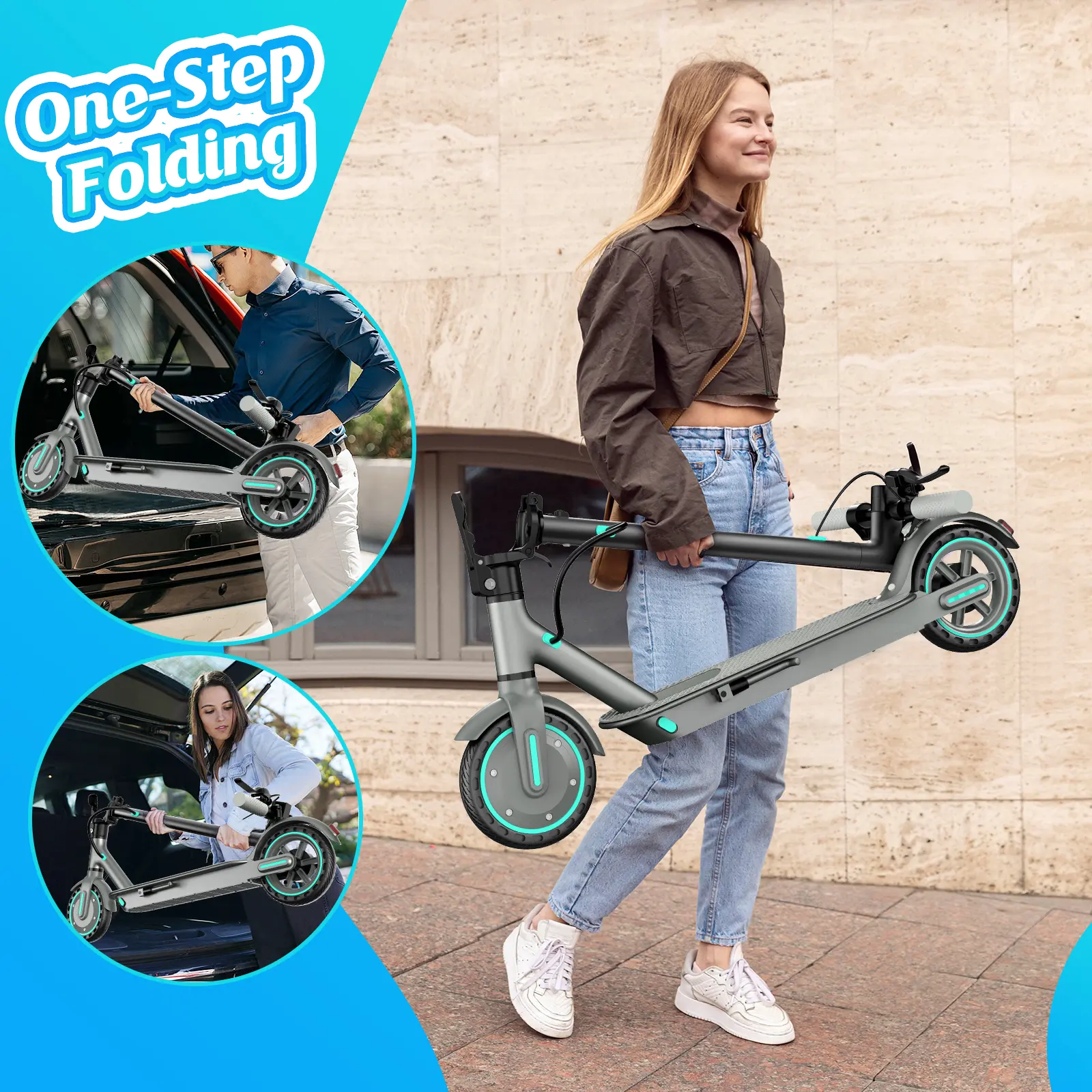 Patinete eléctrico potente de 350 W para adultos (2026), largo alcance (19-22 km), velocidad máxima (30 km/h), divertido patinete deportivo ajustable de 3 velocidades, batería de 36 V y 7,8 Ah, portátil, plegable, con control por aplicación.