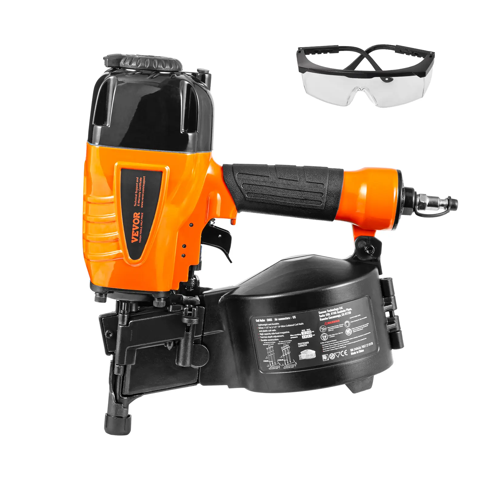 Clavadora neumática de bobina para revestimientos CN65, de 1-1/4" a 2-1/2", 15 grados, con ajuste de profundidad sin herramientas, 70-120 PSI, para revestimientos, entablado de paletas, madera, cercas y cubiertas.