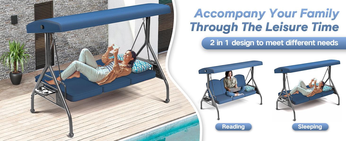 【Summervibes】3 Seat Outdoor Porch Patio Swing 800lbs 2-in-1 Patio Swing Chair Bed with Adjustable Canopy & Cup Holder Removable Cushion Outdoor Adult Swing with Stand for Yard Porch Garden Deck 【Summervibes】3 Seat Outdoor Porch Patio Swing 800lbs 2-in-1 Patio Swing Chair Bed with Adjustable Canopy & Cup Holder Removable Cushion Outdoor Adult Swing with Stand for Yard Porch Garden Deck