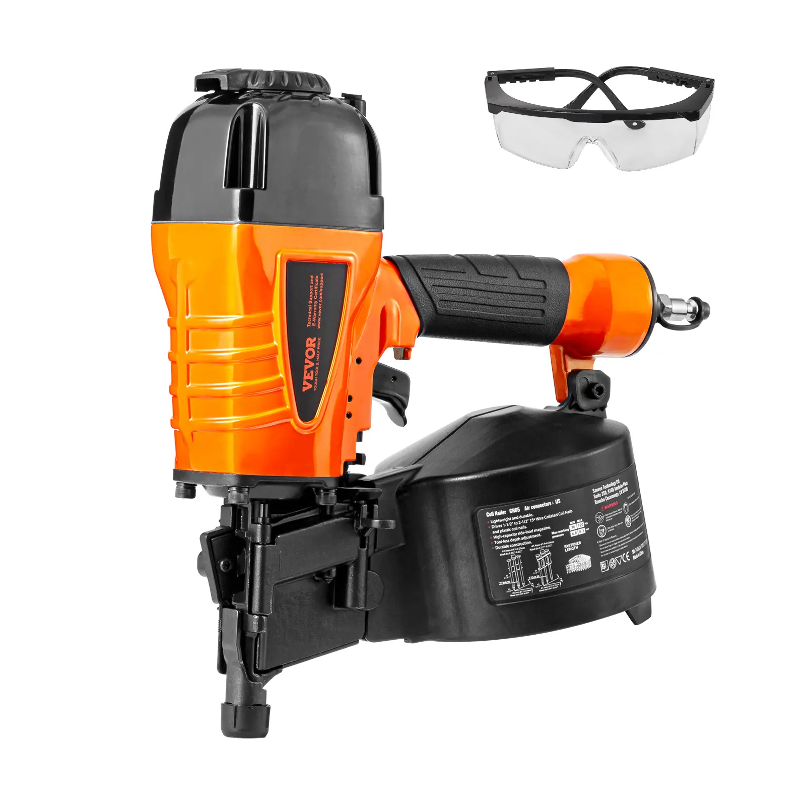 Clavadora neumática de bobina para revestimientos CN65, de 1-1/4" a 2-1/2", 15 grados, con ajuste de profundidad sin herramientas, 70-120 PSI, para revestimientos, entablado de paletas, madera, cercas y cubiertas.