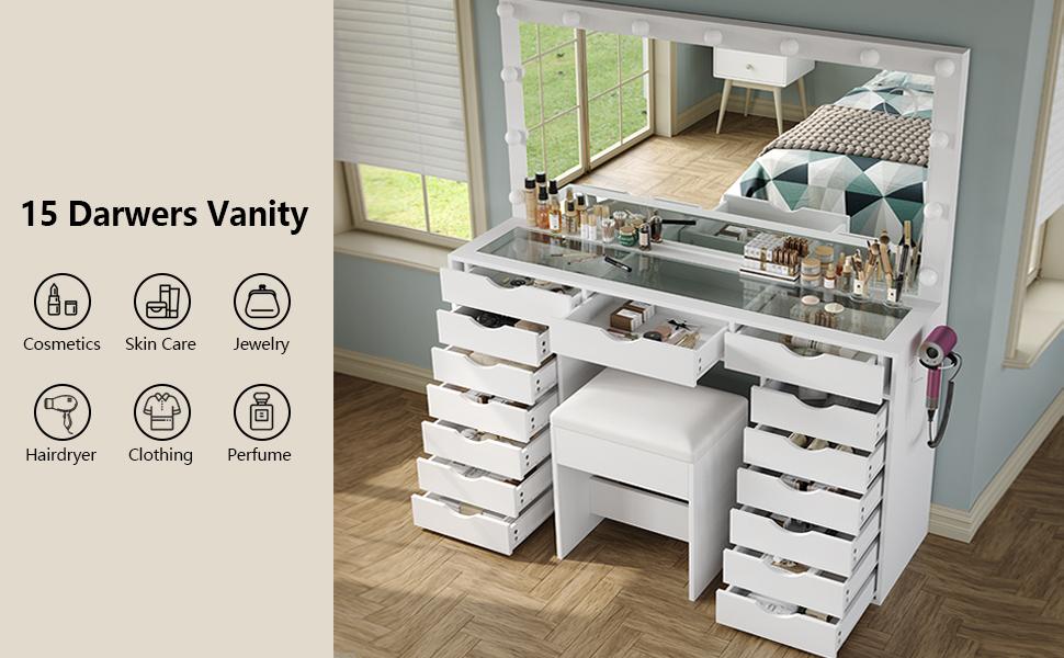 FUSOU 55“W 15 Drawers Vanity Desk with Power Outlet Makeup Table with Mirror and LED Lights [Shipping By 2 Packages], 3 Color Lighting Modes, Vanity Table with Chair for Bedroom,SummerVibe