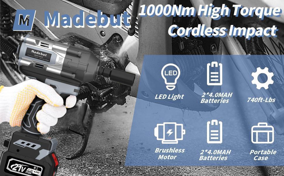 1000N.m Cordless Impact Wrench, All-Metal Cordless Impact Gun with 2 * 4.0Ah, 3-IN-1 Electric Impact Wrench with 5 Sockets for Cars & Trucks