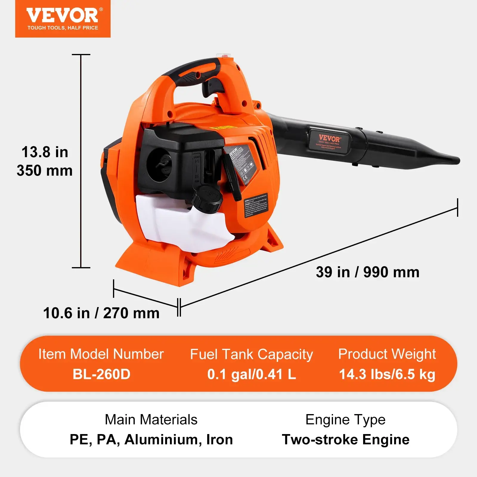 Soplador de hojas de gasolina de mochila VEVOR, 3 tamaños (79 cc/62 cc/52 cc), soplador de gasolina de 2 tiempos con tanque de combustible de 3 litros, ideal para el cuidado del césped.