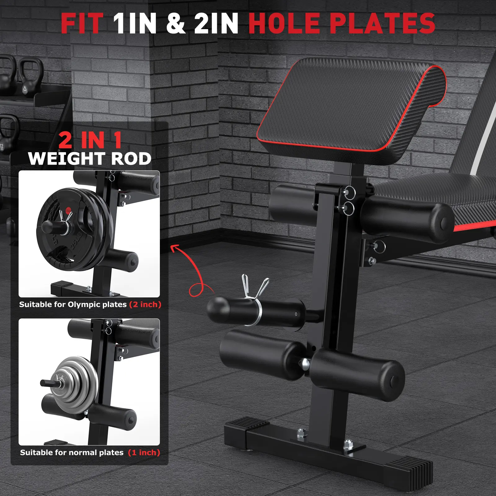 Banco de pesas plegable, capacidad de carga de 880 lb (los discos de peso no están incluidos). Banco de entrenamiento para press de banca en gimnasio en casa; equipo de ejercicio con posiciones de inclinación, declinación y abdominales, que incluye extens