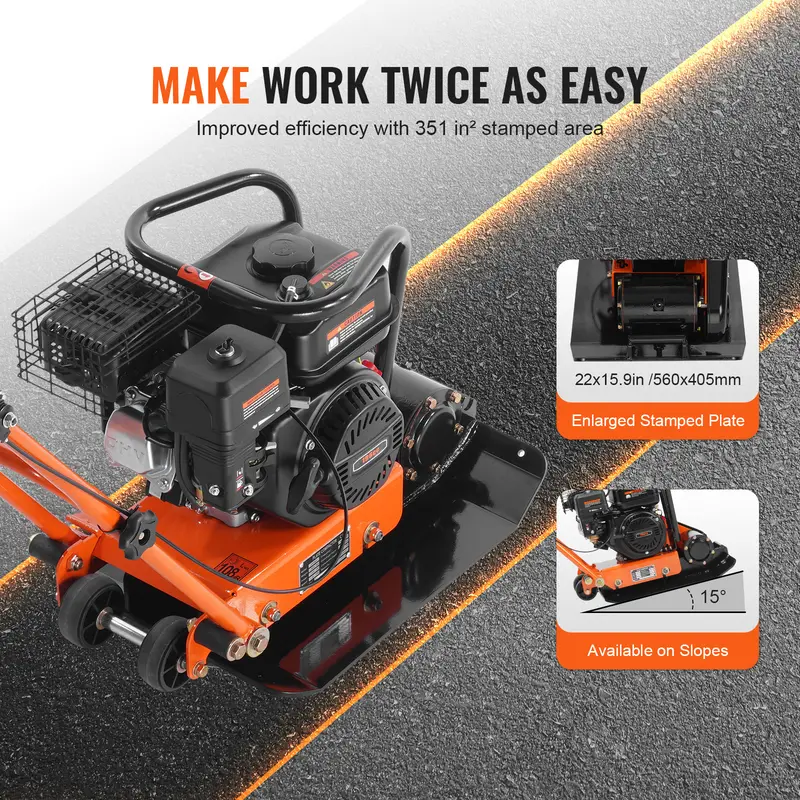 Compactador de placa, motor de gasolina de 6.5 HP y 196 CC, compactador vibratorio de 4200 lb, compactador de placa de 22.1 x 15.9 pulgadas, compactador de pavimento de 5600 VPM para pasarelas, asfalto, paisajismo con adoquines