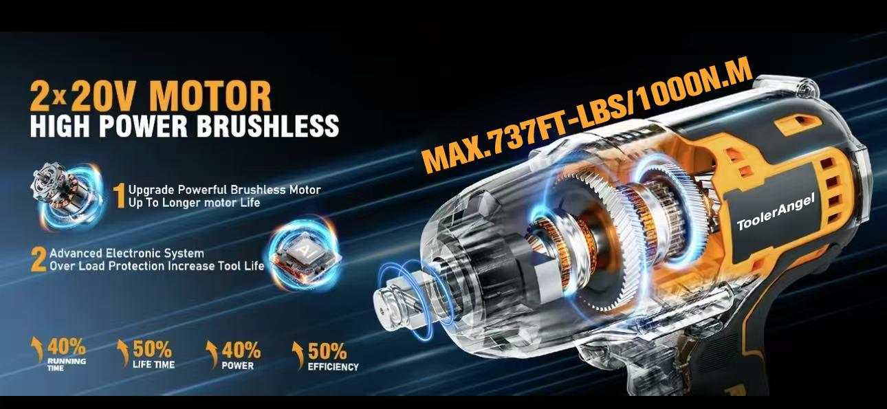 ToolerAngel 1/2-Inch Cordless Impact Wrench, 1000 Nm (737 ft-lbs) High-Torque Wrench, 20V 2000 RPM Brushless Motor, 2x 6.0Ah Lithium-Ion Batteries, Charger & 6 Sockets, Brushless Power Wrench, Mechanic Tool ToolerAngel 1/2-Inch Cordless Impact Wrench, 1000 Nm (737 ft-lbs) High-Torque Wrench, 20V 2000 RPM Brushless Motor, 2x 6.0Ah Lithium-Ion Batteries, Charger & 6 Sockets, Brushless Power Wrench, Mechanic Tool
