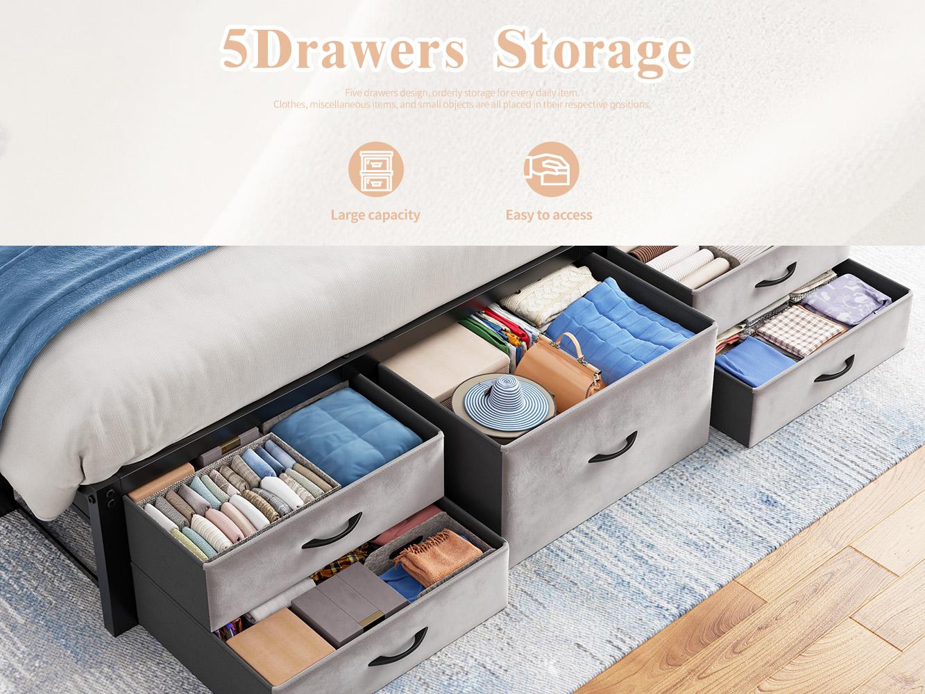 Raybee Modern Bed Frame with 5 Storage Fabric Drawers for Queen/King/Full Size, Luxury Upholstered Platform LED Bed Frame with Built-in Charging Station & Shelf on Headboard, 13.39" Under Bed Space for Apartment, Dorms, Attic, Guestroom, 838LBS Capacity Raybee Modern Bed Frame with 5 Storage Fabric Drawers for Queen/King/Full Size, Luxury Upholstered Platform LED Bed Frame with Built-in Charging Station & Shelf on Headboard, 13.39" Under Bed Space for Apartment, Dorms, Attic, Guestroom, 838LBS Capacity