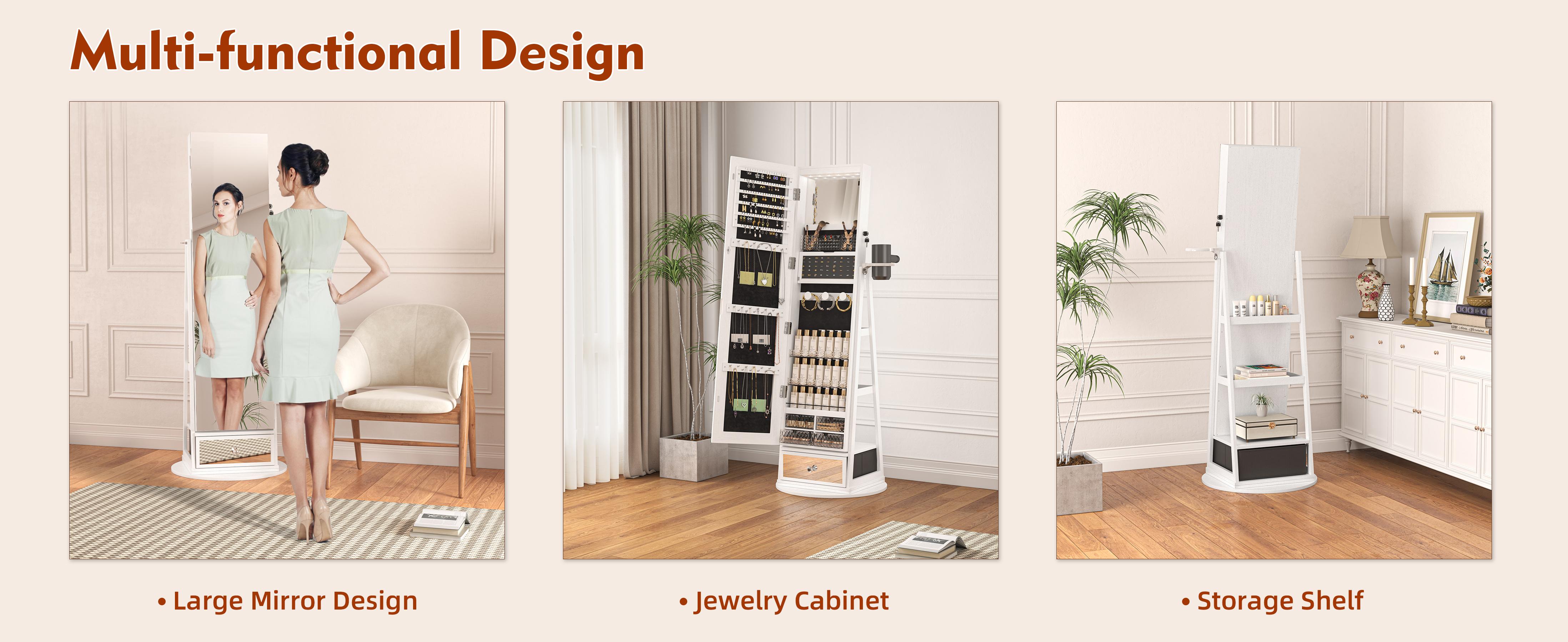 Summervibes LHBCRAFT 360° Swivel Jewelry Cabinet with LED Light, mirror cabinet, jewelry armoire, Mirror with Storage, Standing Jewelry Armoire Organizer gift idea Summervibes LHBCRAFT 360° Swivel Jewelry Cabinet with LED Light, mirror cabinet, jewelry armoire, Mirror with Storage, Standing Jewelry Armoire Organizer gift idea