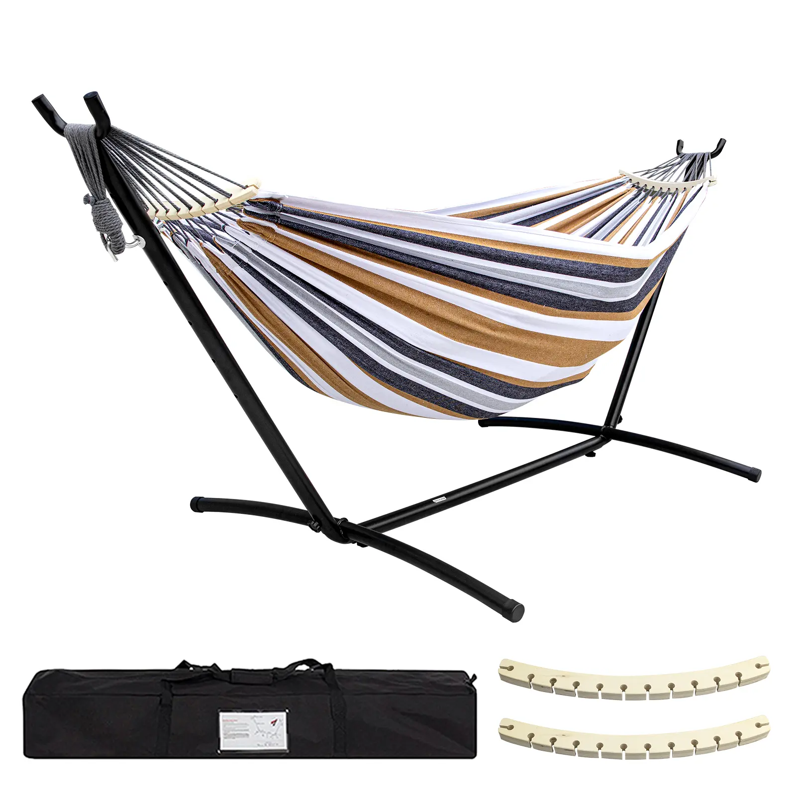 Hamaca con soporte incluido. Soporte de acero con capacidad para 204 kg (450 lb). Incluye bolsa de transporte premium y dos barras de equilibrio antivuelco.