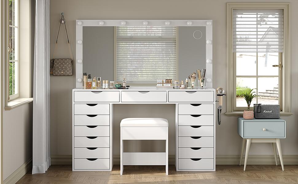 FUSOU 55“W 15 Drawers Vanity Desk with Power Outlet Makeup Table with Mirror and LED Lights [Shipping By 2 Packages], 3 Color Lighting Modes, Vanity Table with Chair for Bedroom,SummerVibe