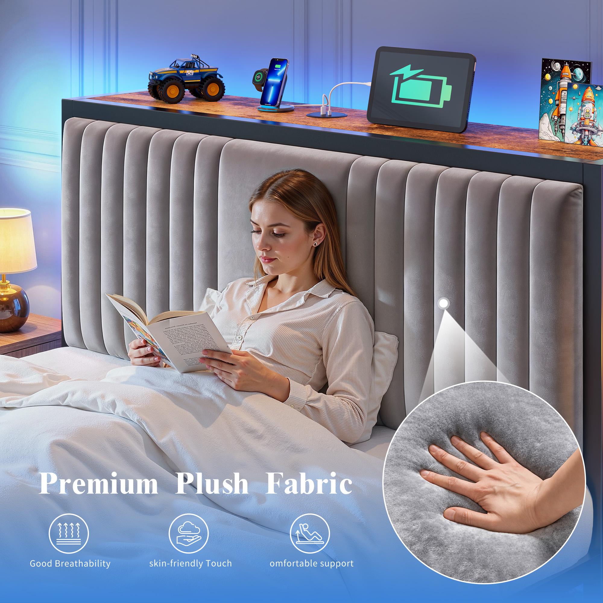 Raybee Modern Bed Frame with 5 Storage Fabric Drawers for Queen/King/Full Size, Luxury Upholstered Platform LED Bed Frame with Built-in Charging Station & Shelf on Headboard, 13.39" Under Bed Space for Apartment, Dorms, Attic, Guestroom, 838LBS Capacity Raybee Modern Bed Frame with 5 Storage Fabric Drawers for Queen/King/Full Size, Luxury Upholstered Platform LED Bed Frame with Built-in Charging Station & Shelf on Headboard, 13.39" Under Bed Space for Apartment, Dorms, Attic, Guestroom, 838LBS Capacity
