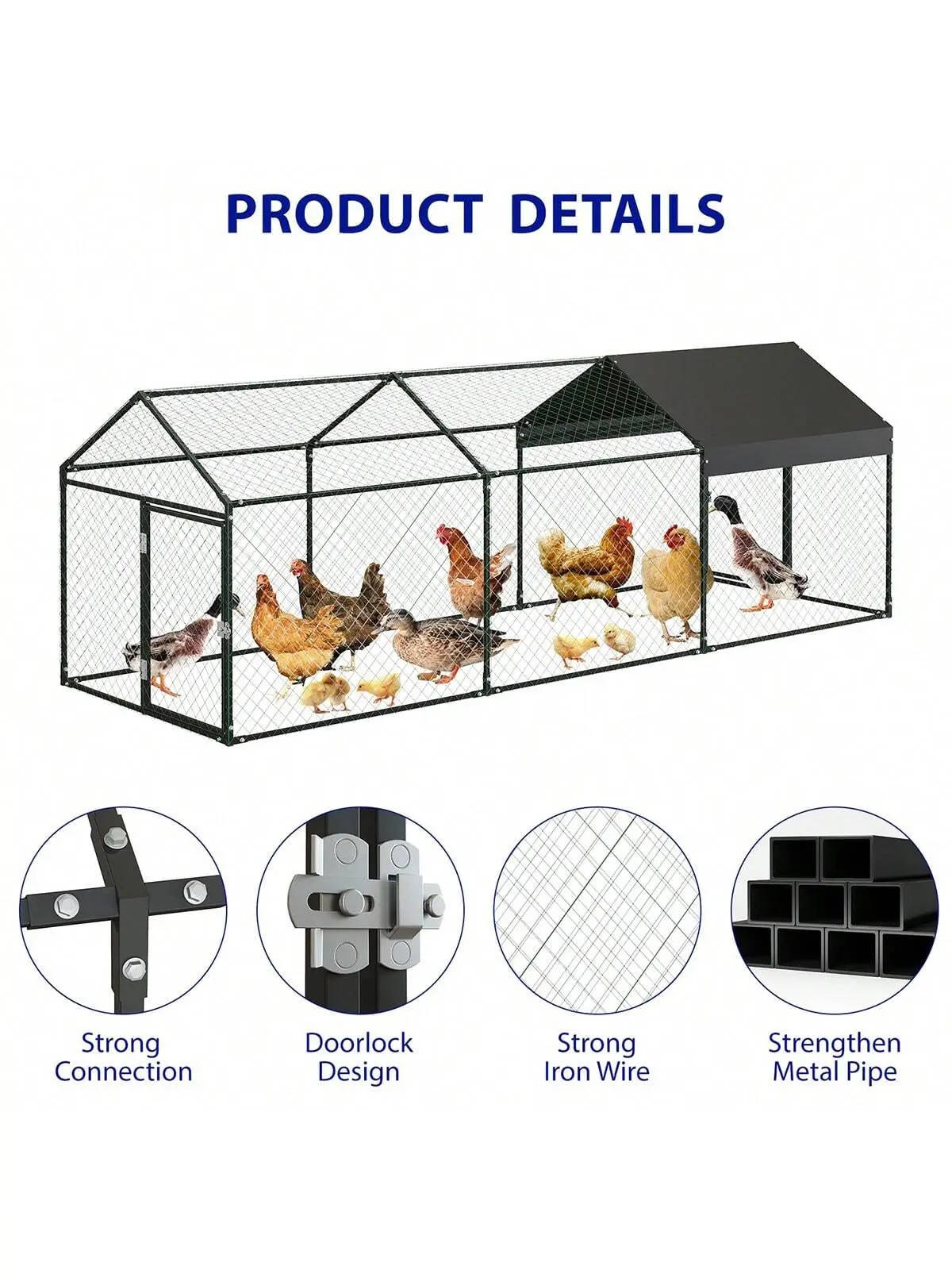 Gallinero grande de acero y plástico con cubierta resistente a la intemperie, corral portátil ventilado para aves de corral, gallinero transitable y seguro para gallinas de granja, recinto exterior para conejos y patos.