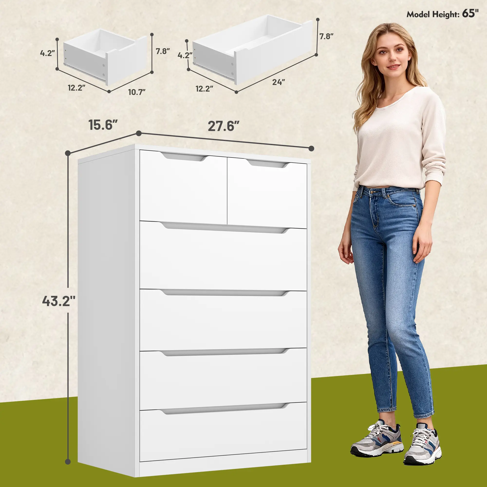 Cómoda moderna de madera con 4/5/6 cajones grandes, elegante armario de almacenamiento y cómodas con organizador grande, cómoda alta con riel de metal liso, organizador de almacenamiento blanco perfecto y decoración del hogar para dormitorio y sala de est