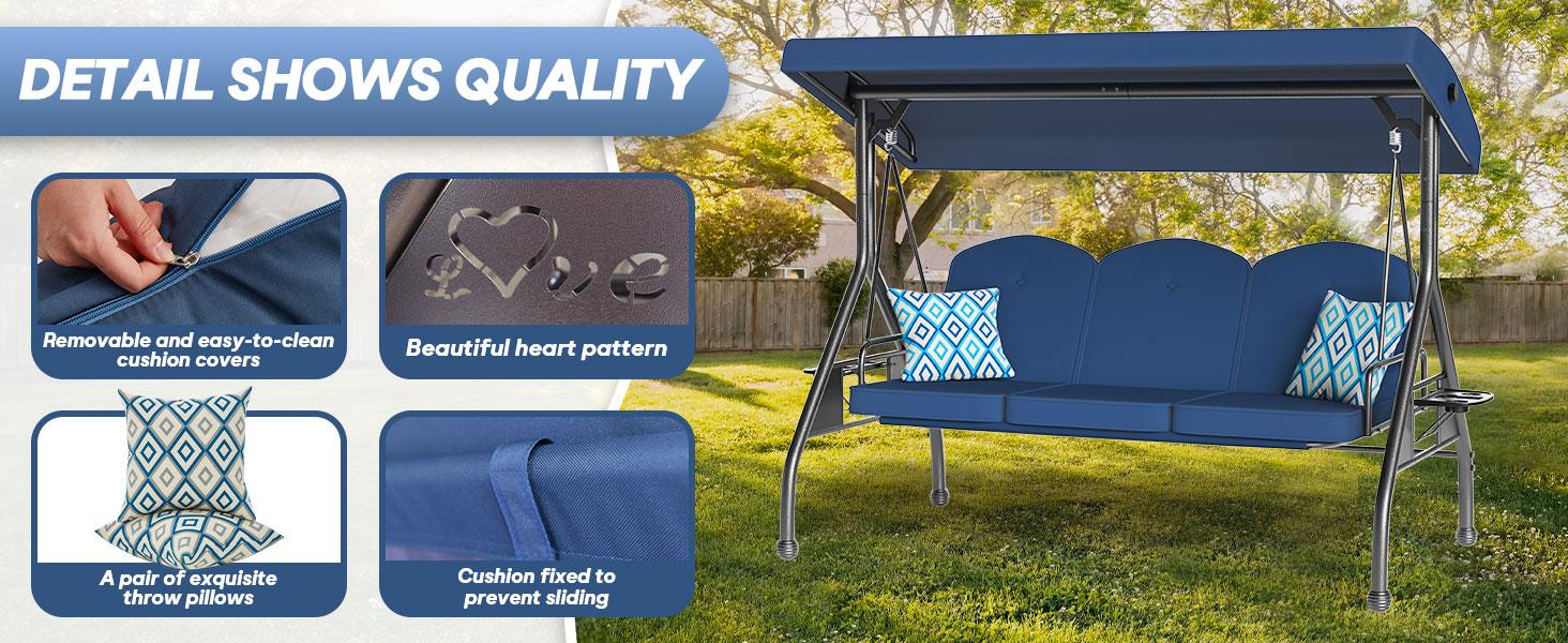 【Summervibes】3 Seat Outdoor Porch Patio Swing 800lbs 2-in-1 Patio Swing Chair Bed with Adjustable Canopy & Cup Holder Removable Cushion Outdoor Adult Swing with Stand for Yard Porch Garden Deck 【Summervibes】3 Seat Outdoor Porch Patio Swing 800lbs 2-in-1 Patio Swing Chair Bed with Adjustable Canopy & Cup Holder Removable Cushion Outdoor Adult Swing with Stand for Yard Porch Garden Deck