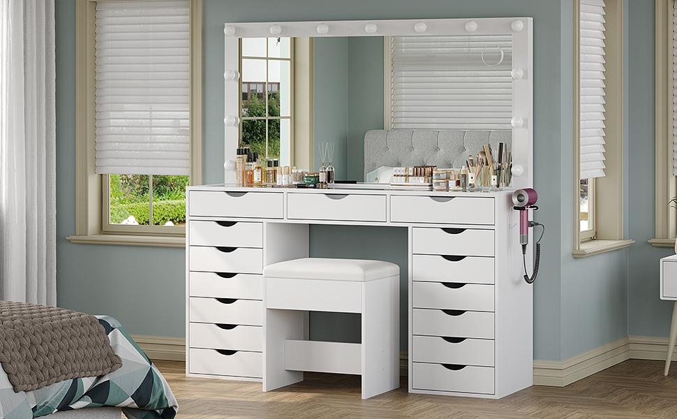 FUSOU 55“W 15 Drawers Vanity Desk with Power Outlet Makeup Table with Mirror and LED Lights [Shipping By 2 Packages], 3 Color Lighting Modes, Vanity Table with Chair for Bedroom,SummerVibe