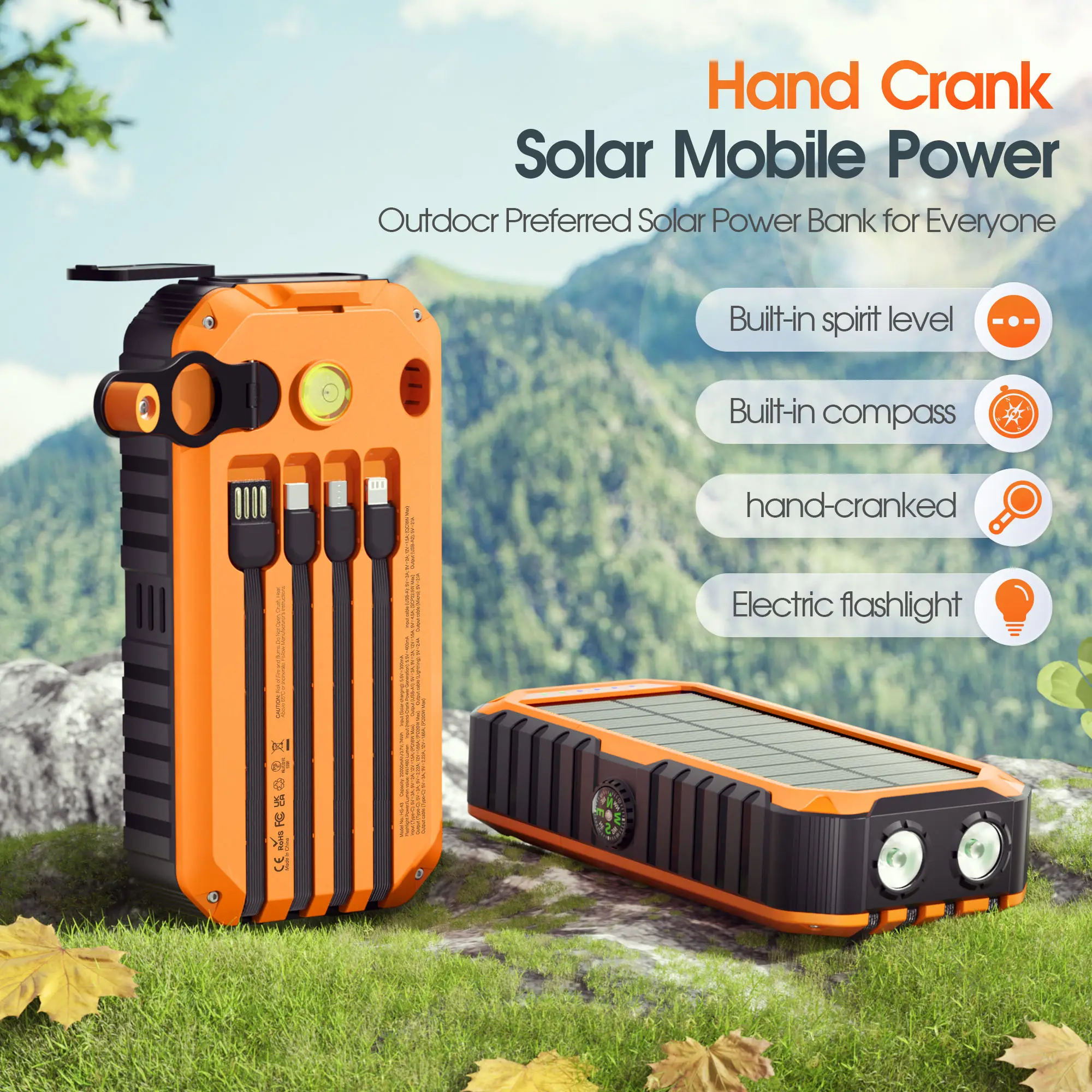 Batería externa Diamuar Solar Charger Power Bank de 40000 mAh con 4 cables y manivela integrados, cargador portátil de 22,5 W de carga rápida con 6 salidas y 4 entradas, linterna brillante y brújula.
