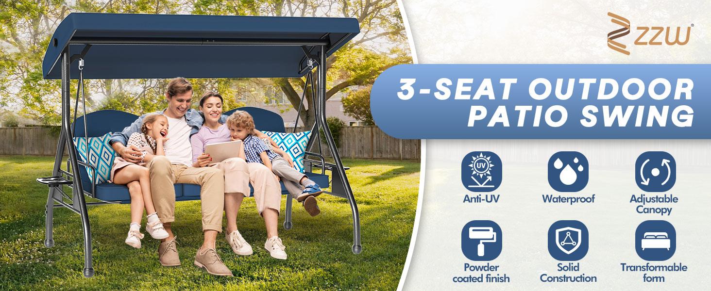 【Summervibes】3 Seat Outdoor Porch Patio Swing 800lbs 2-in-1 Patio Swing Chair Bed with Adjustable Canopy & Cup Holder Removable Cushion Outdoor Adult Swing with Stand for Yard Porch Garden Deck 【Summervibes】3 Seat Outdoor Porch Patio Swing 800lbs 2-in-1 Patio Swing Chair Bed with Adjustable Canopy & Cup Holder Removable Cushion Outdoor Adult Swing with Stand for Yard Porch Garden Deck
