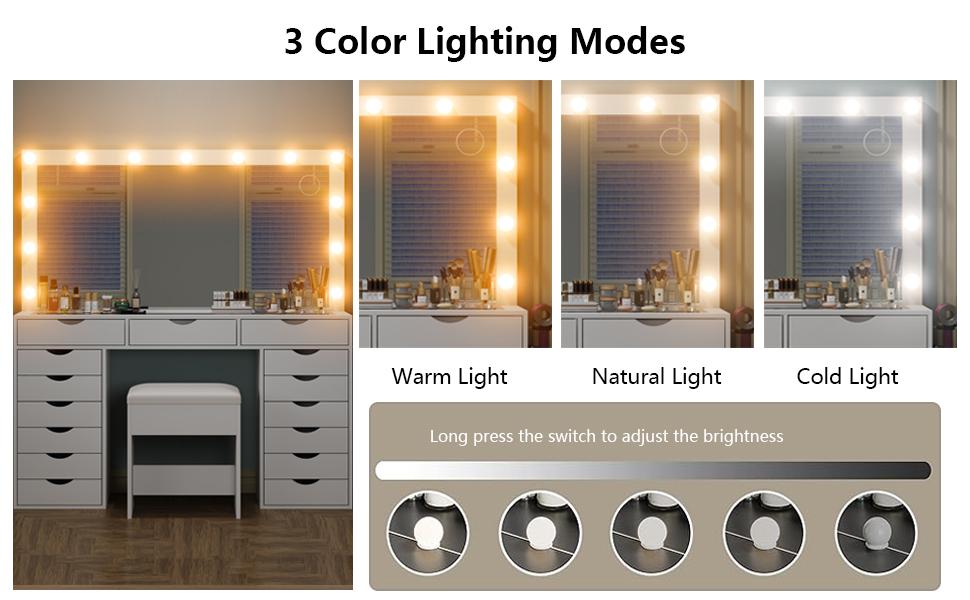 FUSOU 55“W 15 Drawers Vanity Desk with Power Outlet Makeup Table with Mirror and LED Lights [Shipping By 2 Packages], 3 Color Lighting Modes, Vanity Table with Chair for Bedroom,SummerVibe