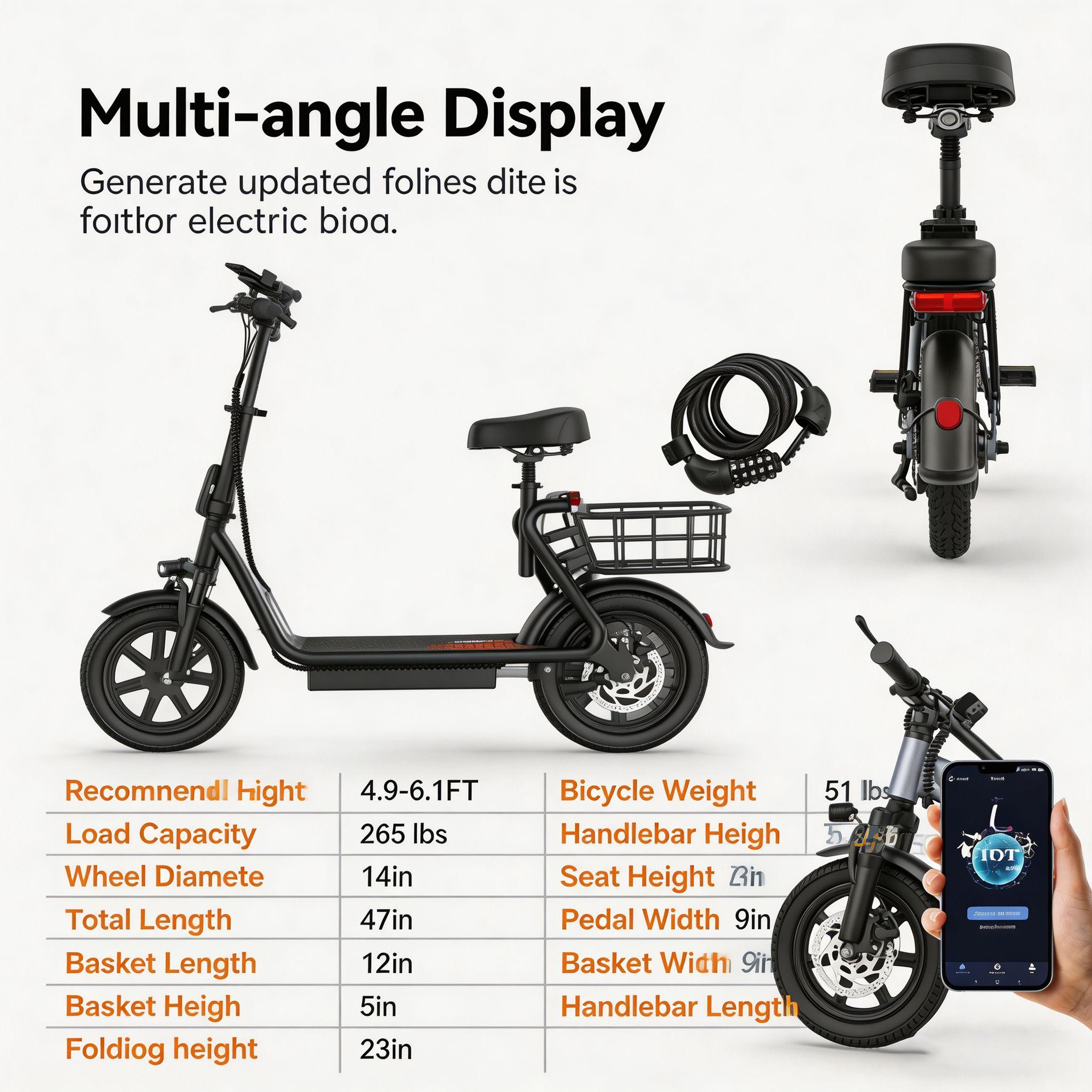 Foldable Electric Scooter with Seat & Basket, 500W Peak Motor, 48V/10.4Ah Rechargeable Battery, LED Headlight, Rear Disc Brakes, Dual Shock Absorbers, Adjustable Height, Customizable Size, 22MPH Max Speed & 28Miles Max Range Foldable Electric Scooter with Seat & Basket, 500W Peak Motor, 48V/10.4Ah Rechargeable Battery, LED Headlight, Rear Disc Brakes, Dual Shock Absorbers, Adjustable Height, Customizable Size, 22MPH Max Speed & 28Miles Max Range