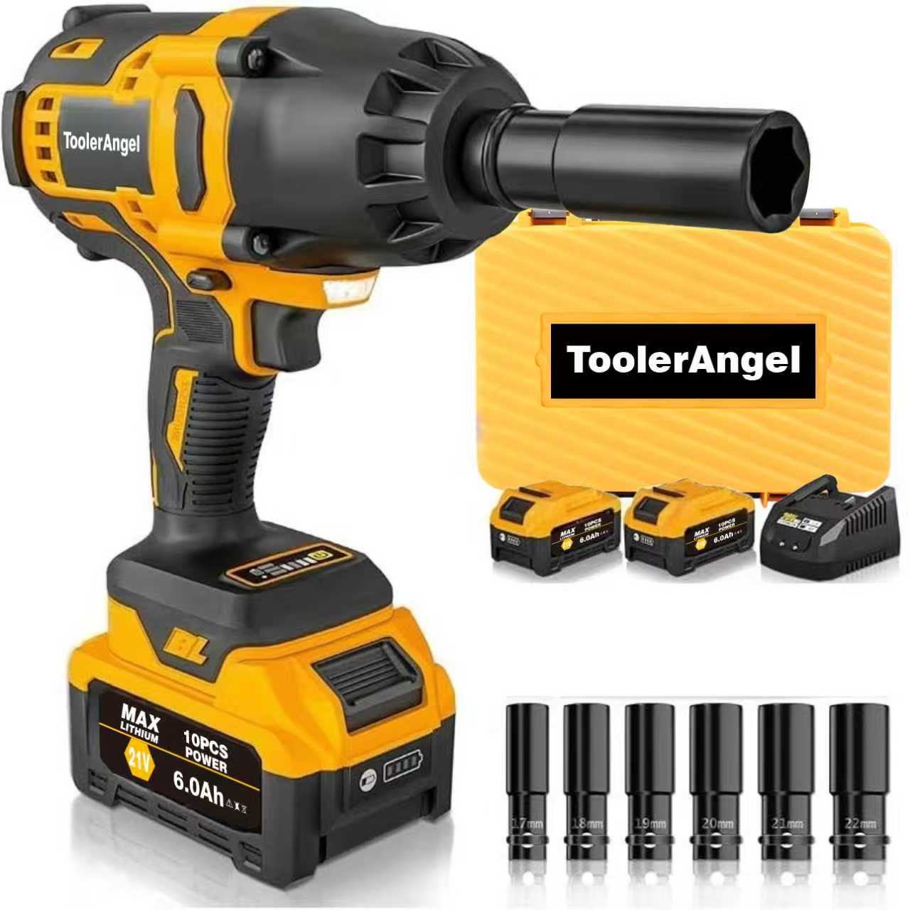 ToolerAngel 1/2-Inch Cordless Impact Wrench, 1000 Nm (737 ft-lbs) High-Torque Wrench, 20V 2000 RPM Brushless Motor, 2x 6.0Ah Lithium-Ion Batteries, Charger & 6 Sockets, Brushless Power Wrench, Mechanic Tool ToolerAngel 1/2-Inch Cordless Impact Wrench, 1000 Nm (737 ft-lbs) High-Torque Wrench, 20V 2000 RPM Brushless Motor, 2x 6.0Ah Lithium-Ion Batteries, Charger & 6 Sockets, Brushless Power Wrench, Mechanic Tool