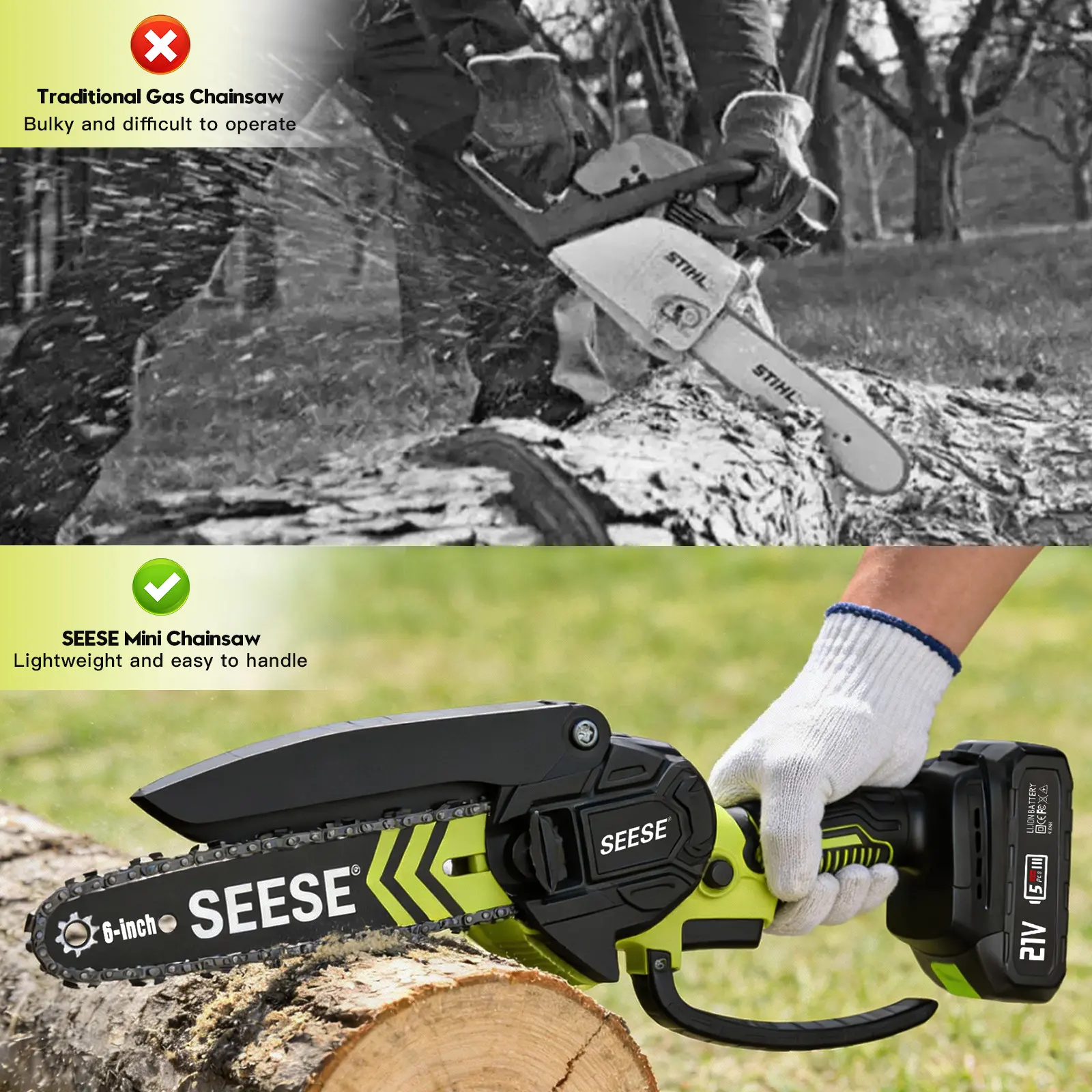 SEESE Mini Motosierra sin escobillas con sistema de lubricación - Sierra eléctrica inalámbrica portátil para cortar madera, funciona con baterías (2000 mAh), podar, jardinería y camping. Ideal para personas mayores y mujeres. Regalo perfecto para las fies
