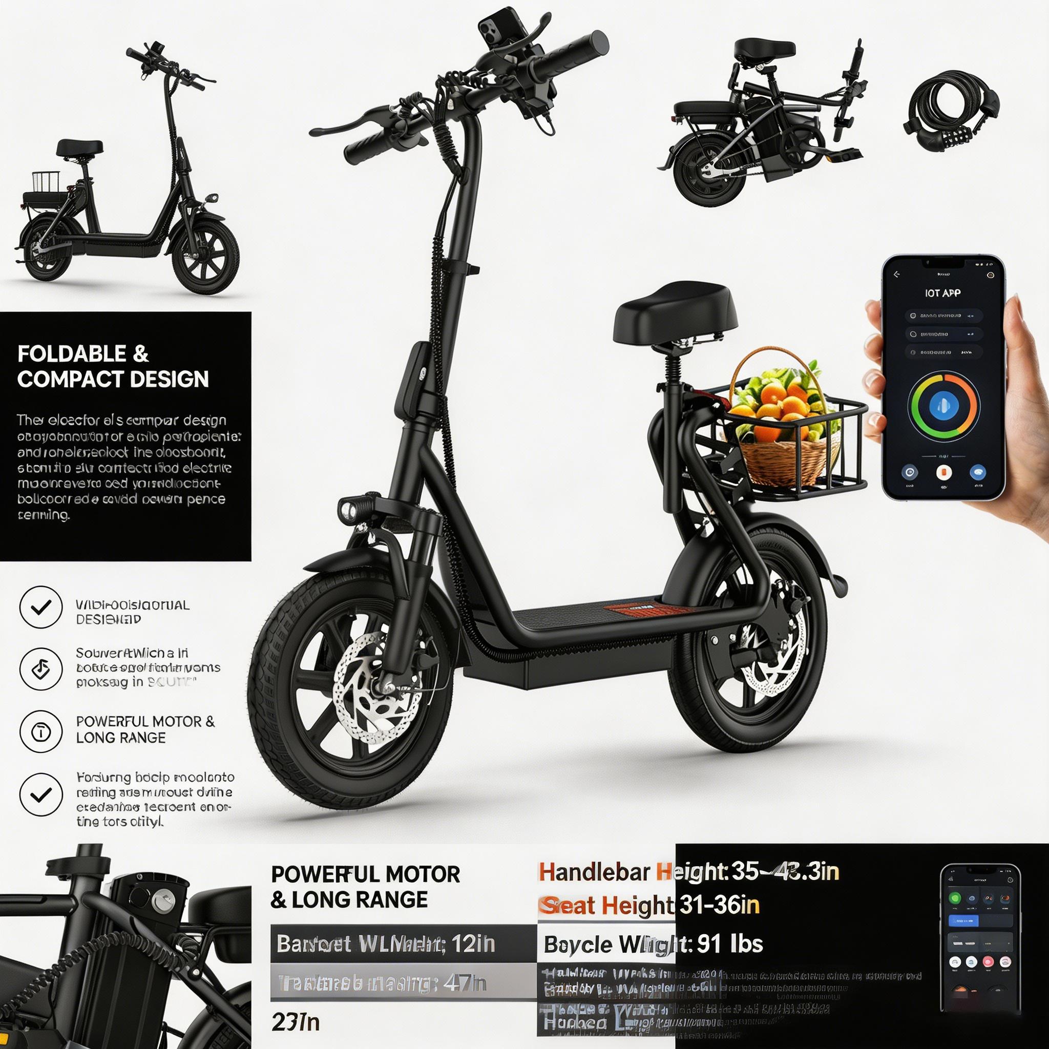 Foldable Electric Scooter with Seat & Basket, 500W Peak Motor, 48V/10.4Ah Rechargeable Battery, LED Headlight, Rear Disc Brakes, Dual Shock Absorbers, Adjustable Height, Customizable Size, 22MPH Max Speed & 28Miles Max Range Foldable Electric Scooter with Seat & Basket, 500W Peak Motor, 48V/10.4Ah Rechargeable Battery, LED Headlight, Rear Disc Brakes, Dual Shock Absorbers, Adjustable Height, Customizable Size, 22MPH Max Speed & 28Miles Max Range