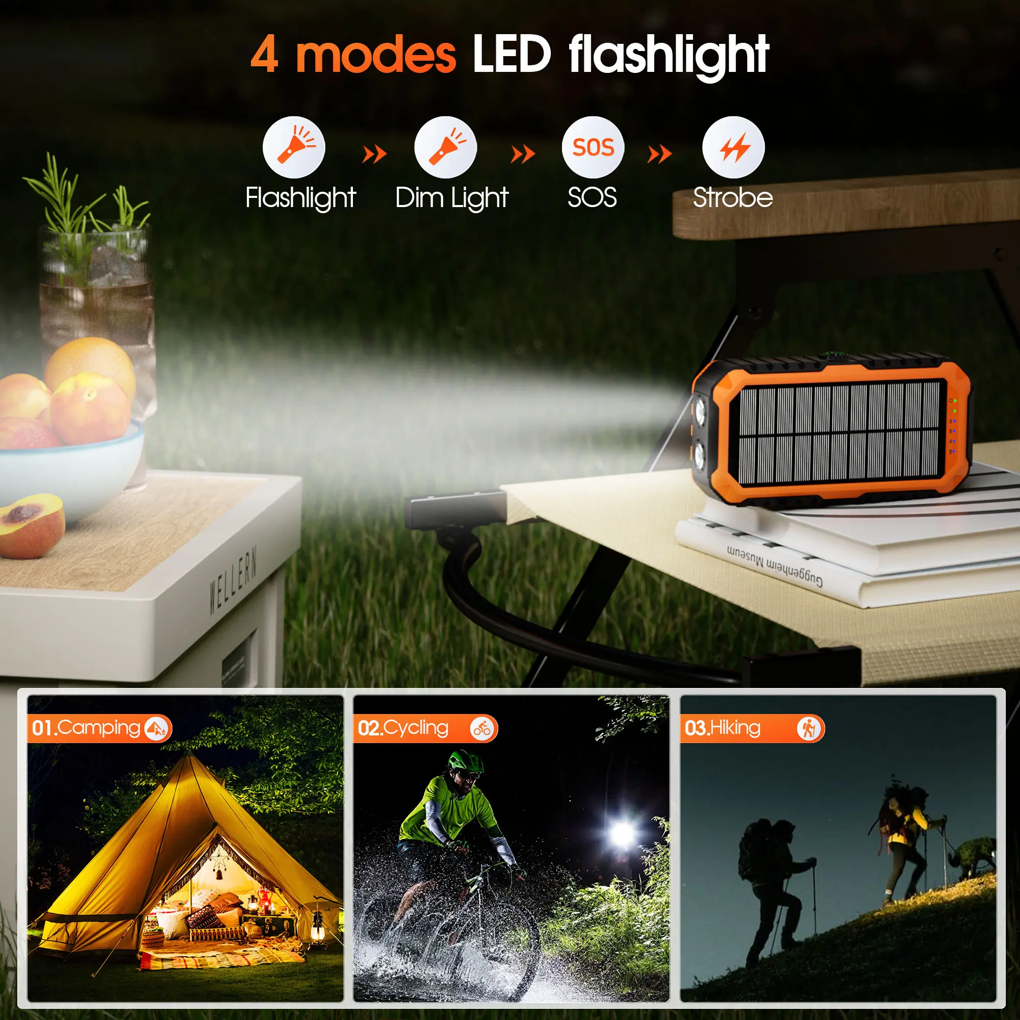 Batería externa Diamuar Solar Charger Power Bank de 40000 mAh con 4 cables y manivela integrados, cargador portátil de 22,5 W de carga rápida con 6 salidas y 4 entradas, linterna brillante y brújula.