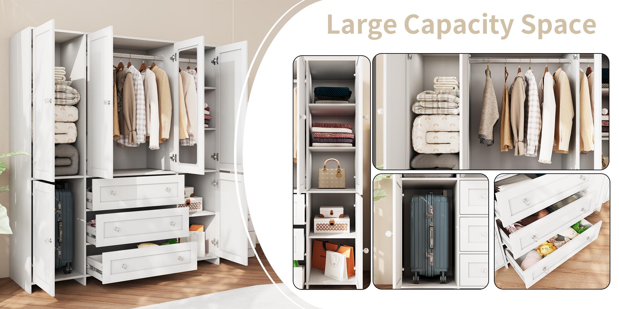 VOWNER Large 4 Doors Wooden Wardrobe Bedroom Tall Armoire Closet Organizer with Big Drawers Mirror Hanging Rails and Shelves Clothes Storage Cabinet for Bedroom VOWNER Large 4 Doors Wooden Wardrobe Bedroom Tall Armoire Closet Organizer with Big Drawers Mirror Hanging Rails and Shelves Clothes Storage Cabinet for Bedroom