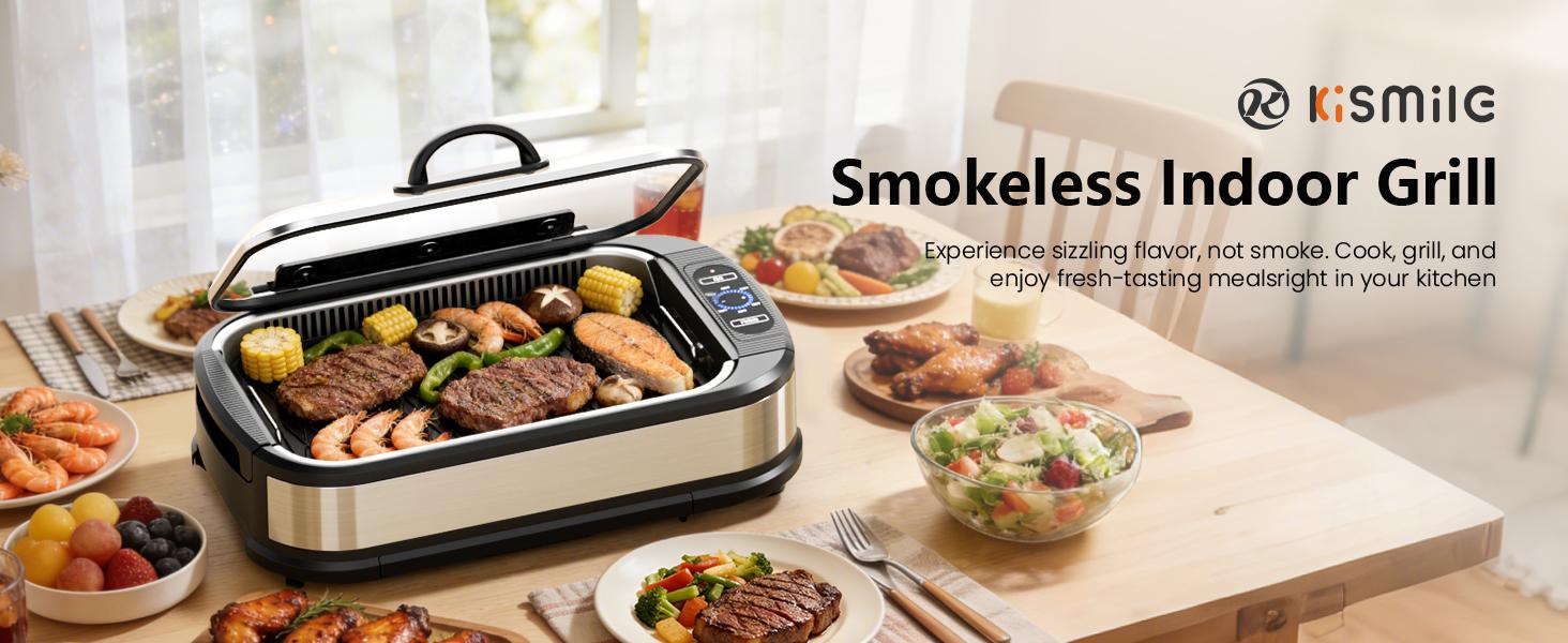Kismile Smokeless Indoor Grill, 1500W Electric Grill Indoor with Tempered Glass Lid, Non-Stick Korean BBQ Grill with 6-Level Temp Control, Dual-Turbo Smoke Extractor, Drip Tray & Dishwasher-Safe Parts Kismile Smokeless Indoor Grill, 1500W Electric Grill Indoor with Tempered Glass Lid, Non-Stick Korean BBQ Grill with 6-Level Temp Control, Dual-Turbo Smoke Extractor, Drip Tray & Dishwasher-Safe Parts