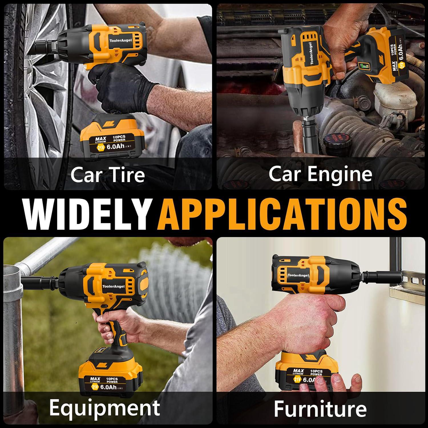 ToolerAngel 1/2-Inch Cordless Impact Wrench, 1000 Nm (737 ft-lbs) High-Torque Wrench, 20V 2000 RPM Brushless Motor, 2x 6.0Ah Lithium-Ion Batteries, Charger & 6 Sockets, Brushless Power Wrench, Mechanic Tool ToolerAngel 1/2-Inch Cordless Impact Wrench, 1000 Nm (737 ft-lbs) High-Torque Wrench, 20V 2000 RPM Brushless Motor, 2x 6.0Ah Lithium-Ion Batteries, Charger & 6 Sockets, Brushless Power Wrench, Mechanic Tool