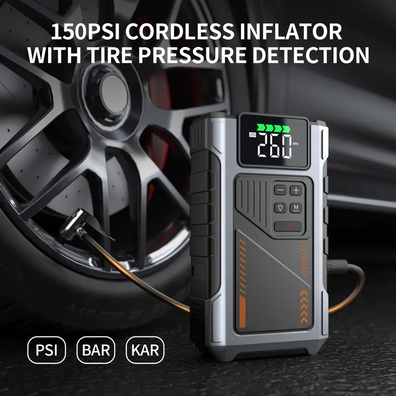 Arrancador de batería portátil para coche con compresor de aire, pico de 5000 A (para motores de gasolina de hasta 8.0 L y diésel de hasta 6.5 L), inflador de neumáticos de 150 PSI, batería de 15000 mAh y luz LED. Modelo W100.