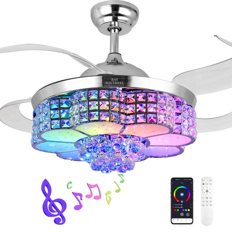 Ventilador de techo retráctil de cristal con altavoz, control por mando a distancia y aplicación, 6 velocidades, reversible y con luz LED RGB