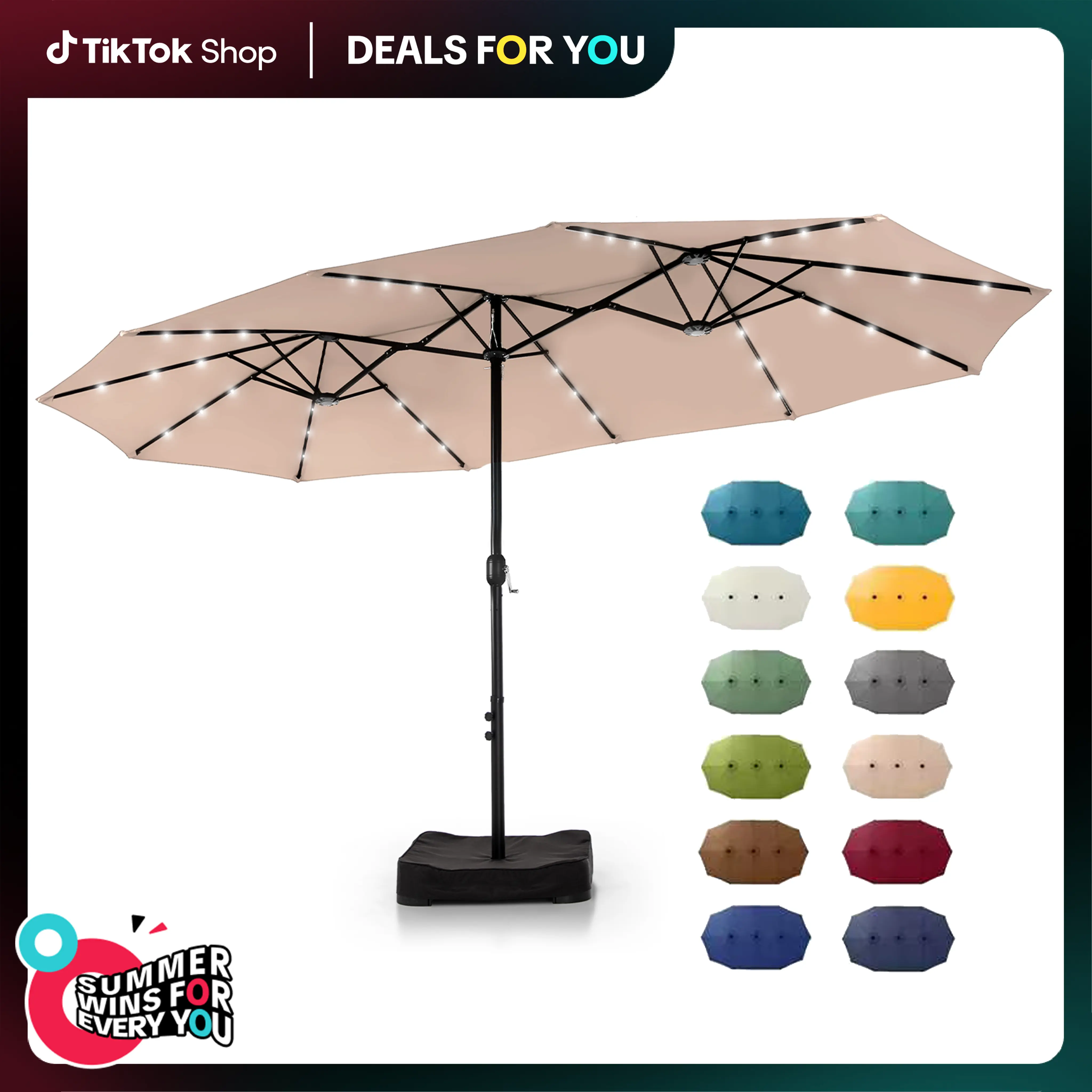 Home 15ft Large Outdoor Patio Umbrella with Base – LED Light Option, Double-Sided, Crank Handle, Waterproof