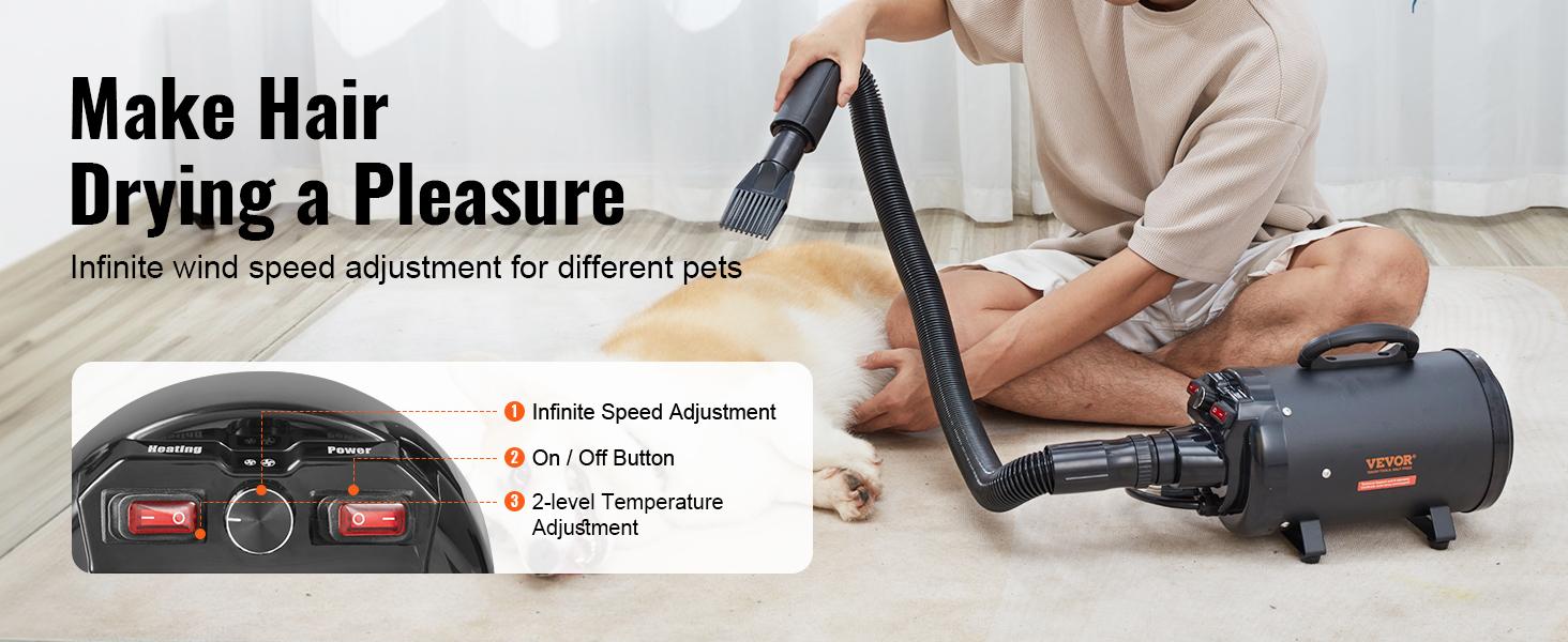 VEVOR Portable Dog Blow Dryer, 2000W/2.7HP Pet Grooming Dryer with Adjustable Speed & Temperature Control, 4 Nozzles, Extendable Hose, Black (Father's Day Gift Option)