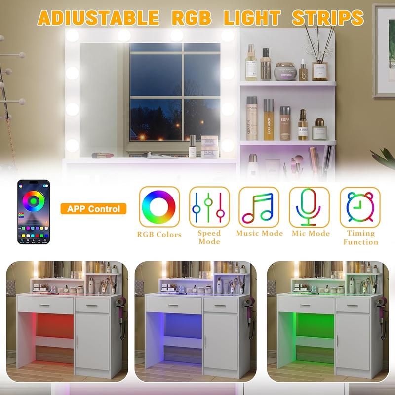 Tocador con espejo y 3 modos de iluminación, con 10 luces LED alimentadas por USB
