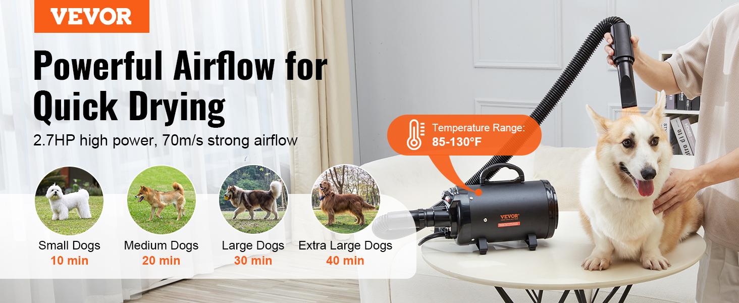 VEVOR Portable Dog Blow Dryer, 2000W/2.7HP Pet Grooming Dryer with Adjustable Speed & Temperature Control, 4 Nozzles, Extendable Hose, Black (Father's Day Gift Option)