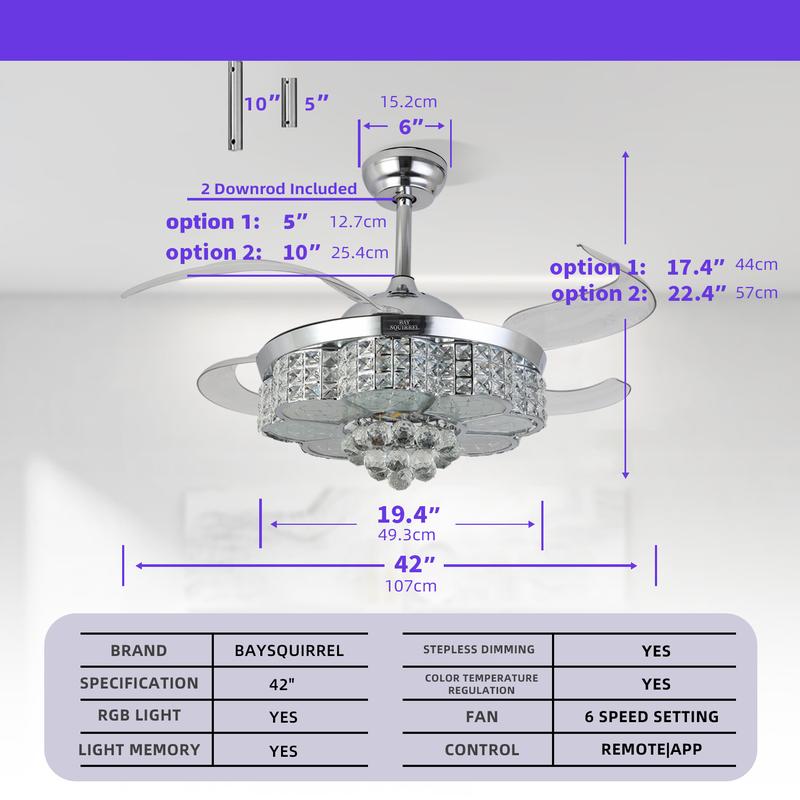 Ventilador de techo retráctil de cristal con altavoz, control por mando a distancia y aplicación, 6 velocidades, reversible y con luz LED RGB