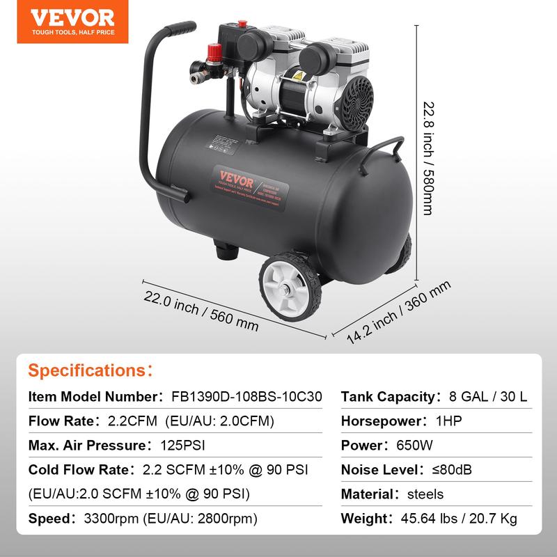 Compresor de aire de 13 galones, 2 HP, 4.6 SCFM a 90 PSI, sin aceite y ultra silencioso (66 dB)